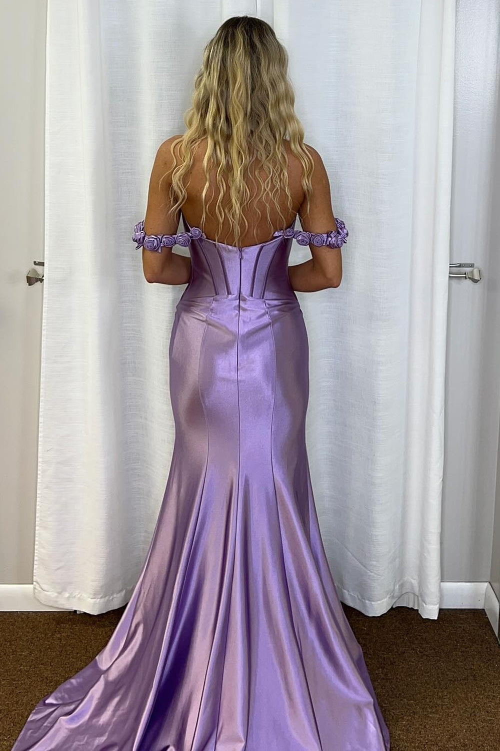 Off the Shoulder Satin Mermaid Long Corset Prom Dress