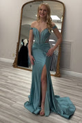 Schulterfreies, langes Meerjungfrauen-Abendkleid aus Satin mit Korsett und Schlitz