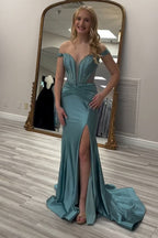 Schulterfreies, langes Meerjungfrauen-Abendkleid aus Satin mit Korsett und Schlitz