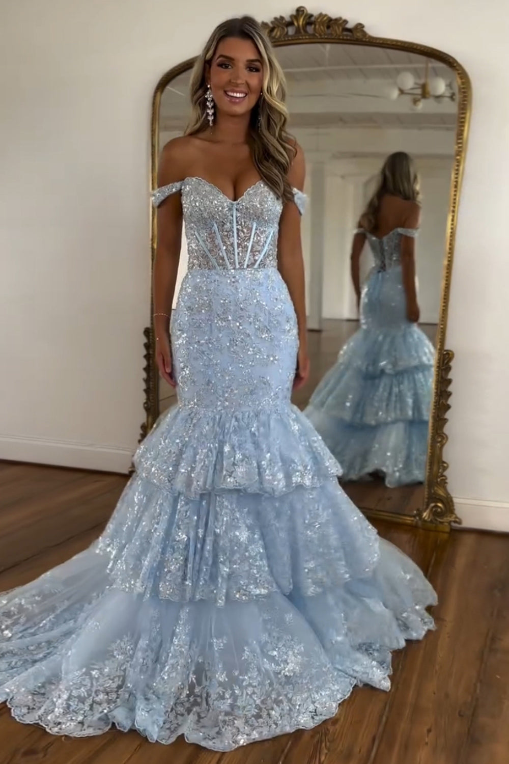 Mermaid Off the Shoulder Tulle Tiered Long Corset Prom Dress with Sequins
