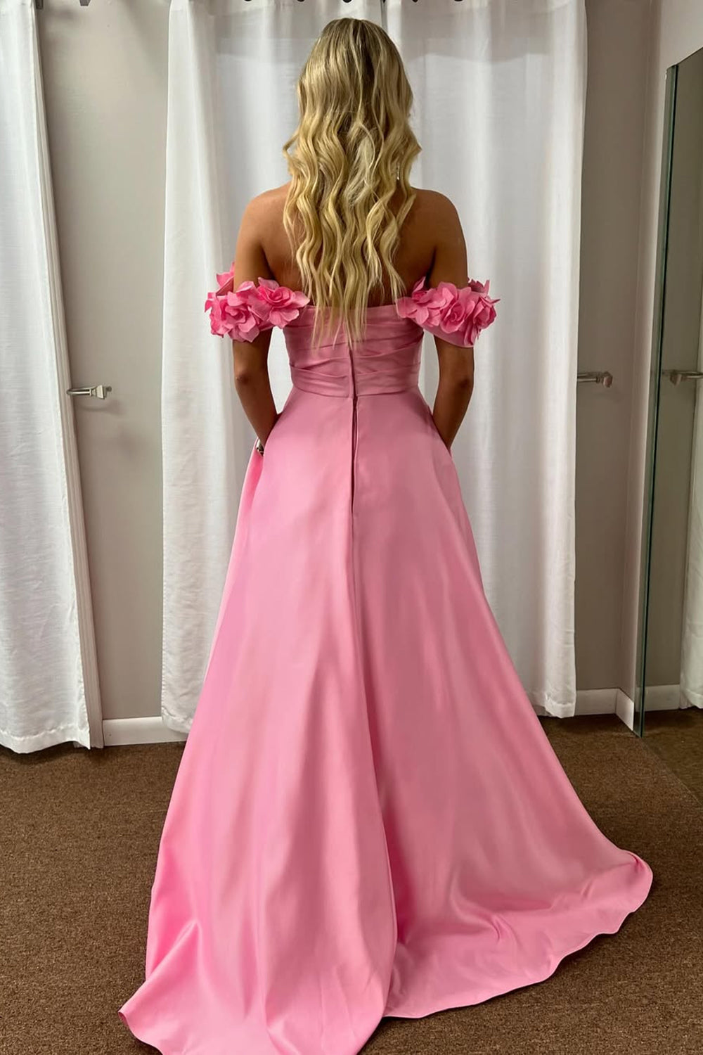 Off the Shoulder Satin A-Line Long Prom Dress with 3D Flowers