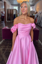 Schulterfreies, langes A-Linien-Abendkleid aus Satin mit 3D-Blumen