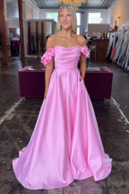 Schulterfreies, langes A-Linien-Abendkleid aus Satin mit 3D-Blumen
