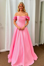 Schulterfreies, langes A-Linien-Abendkleid aus Satin mit 3D-Blumen