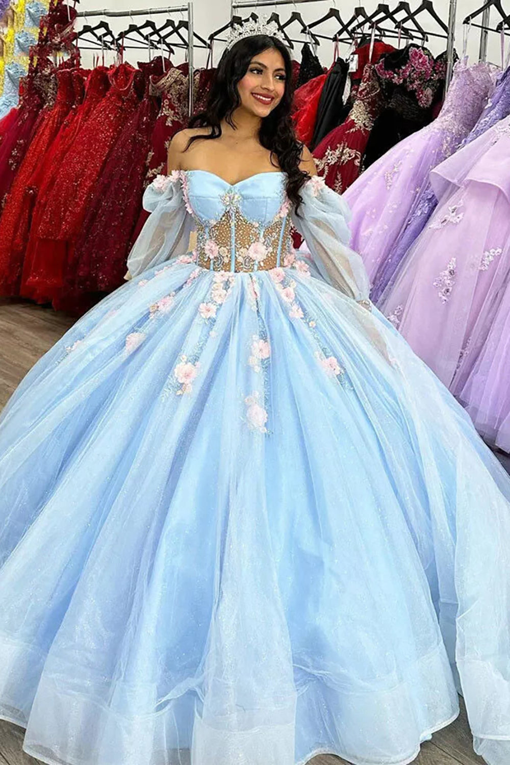 Prinzessinnen-Quinceañera-Kleid mit schulterfreiem Ausschnitt, langen Ärmeln und Applikationen
