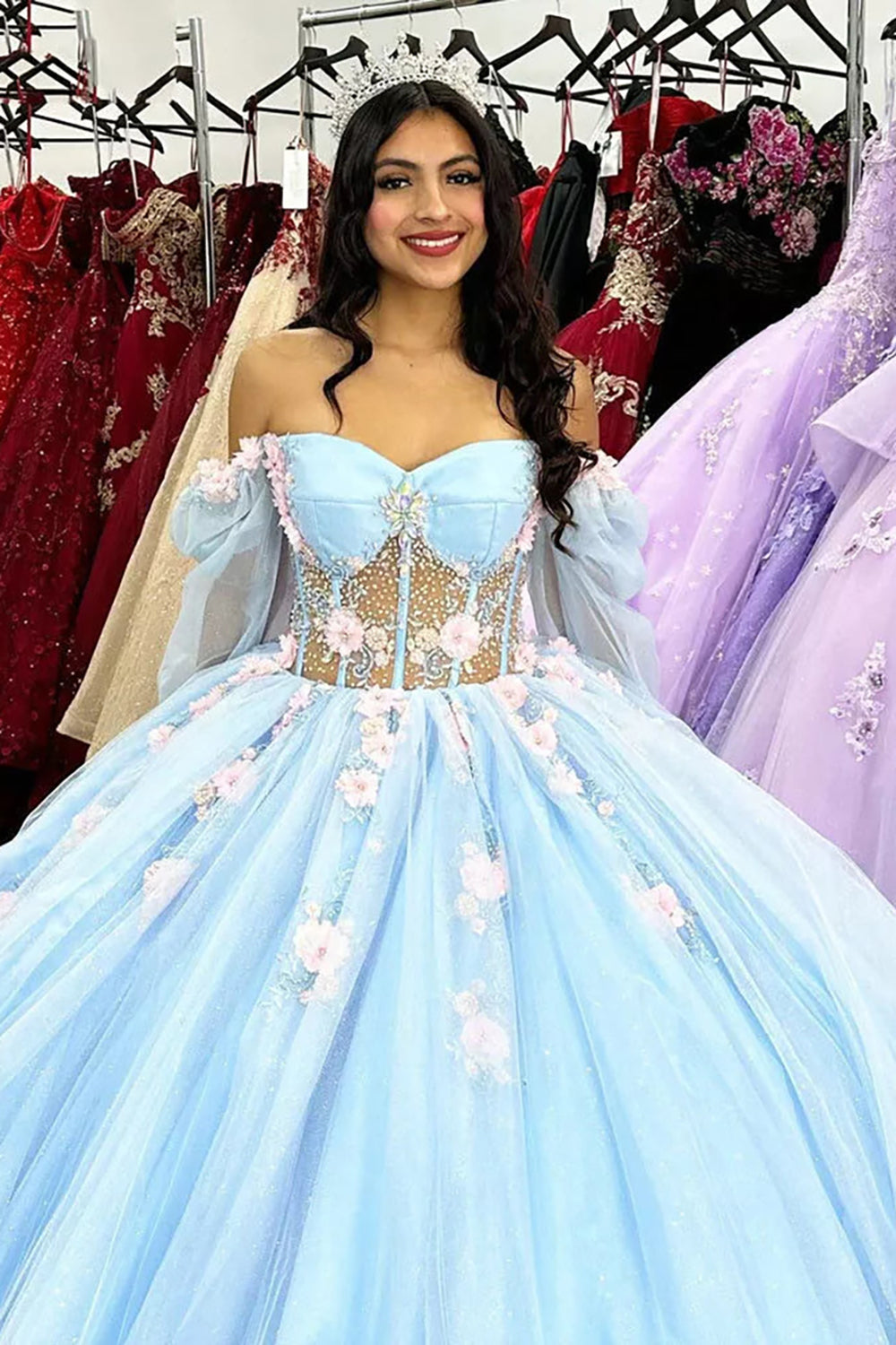 Prinzessinnen-Quinceañera-Kleid mit schulterfreiem Ausschnitt, langen Ärmeln und Applikationen