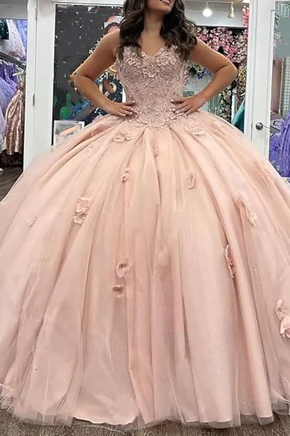 Ballkleid mit Herzausschnitt, Tüllkorsett und Applikationen für Quinceañeras