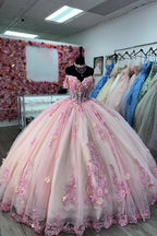 Rosa Ballkleid mit schulterfreiem Tüllapplikationen-Korsett für Quinceañeras