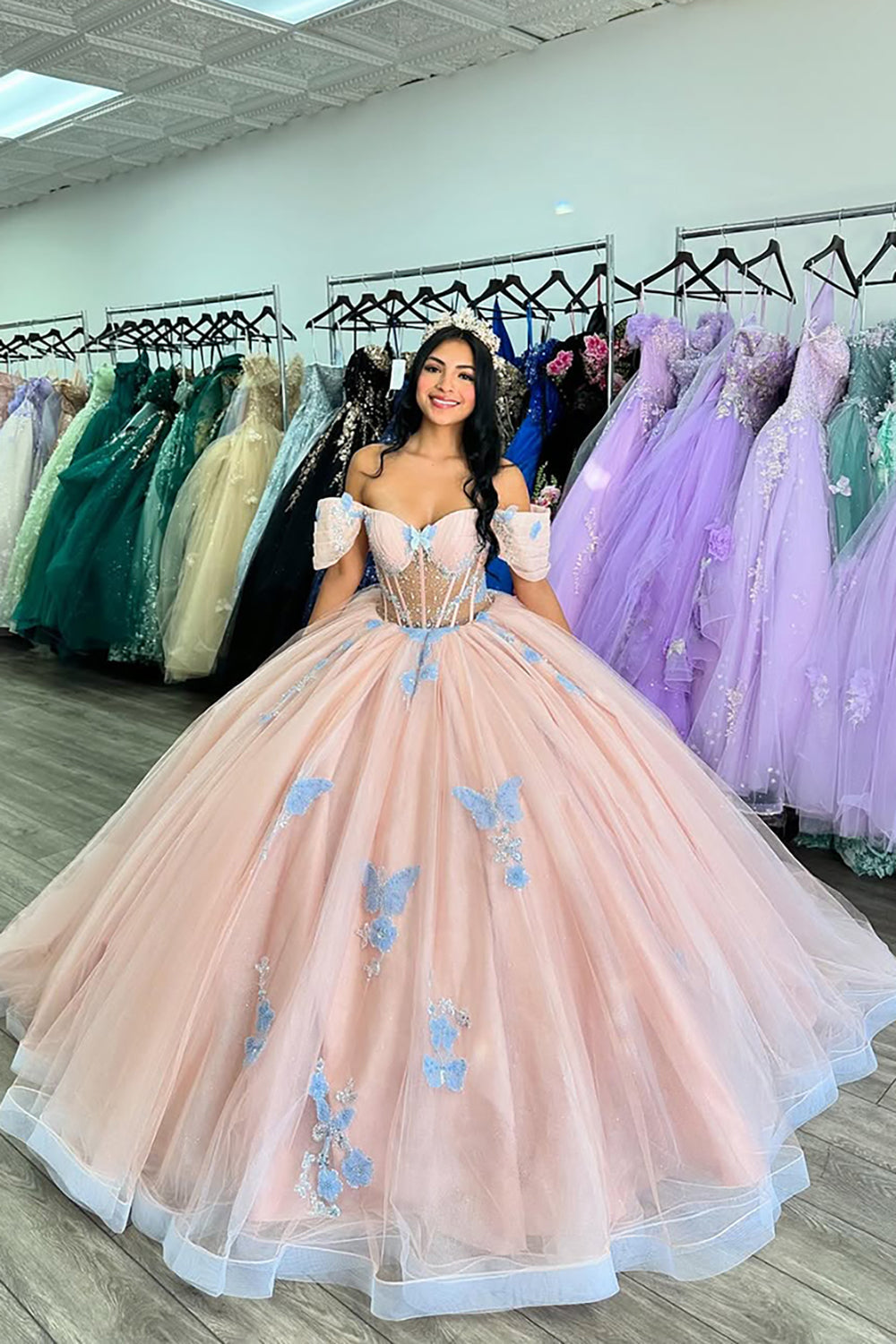 Rosa-blaues schulterfreies Prinzessinnen-Tüll-Korsettkleid mit Applikationen für Quinceañeras