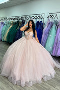 Vestido de quinceañera con corsé de tul princesa con escote corazón rosa brillante y cuentas