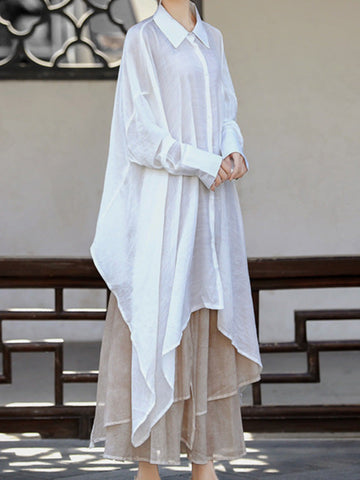 Loose Raglan Sleeve See-Through Solid Color Split-Joint Split-Side Lapel Blouses
