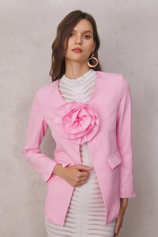3D Flower Solid Long Sleeve Blazer
