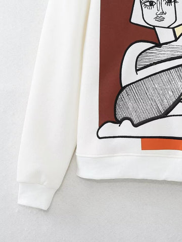 Suéter holgado de algodón con estampado bordado para niña, color blanco otoñal 