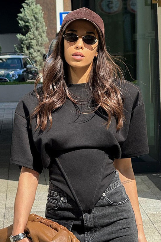 Chic Solid Wide Shoulder Tie Waist Elbow Sleeve T-shirt