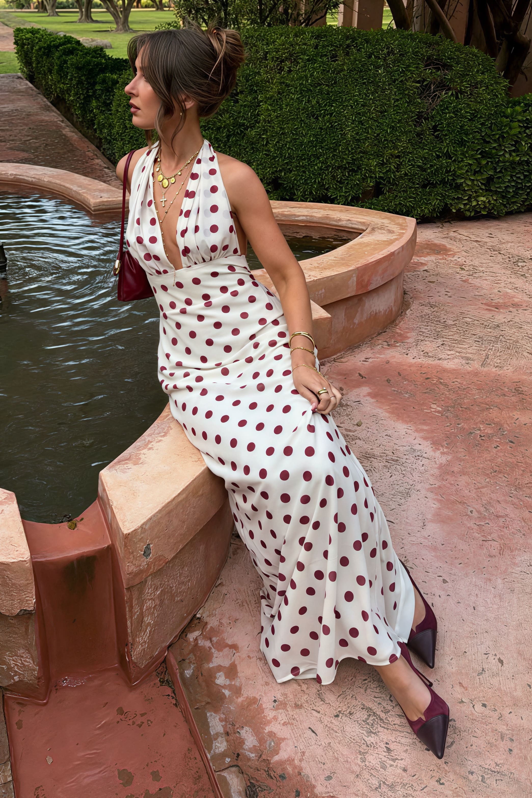 Polka Dot Halter Backless Ruched Waist Maxi Dress