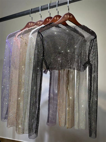 Tops cortos con cristales brillantes de Tossy para mujer, de rejilla transparente, con aberturas, para noche, club nocturno, ropa de fiesta de lujo 
