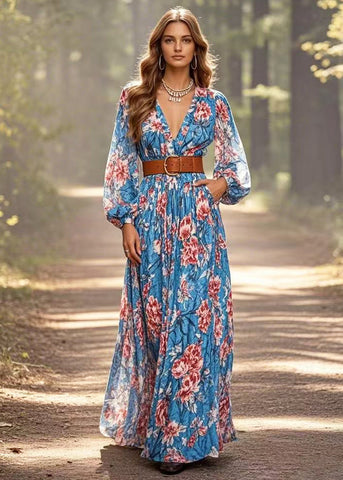 Art Blue Cinched Floral Cotton Ankle Dress Frühling 