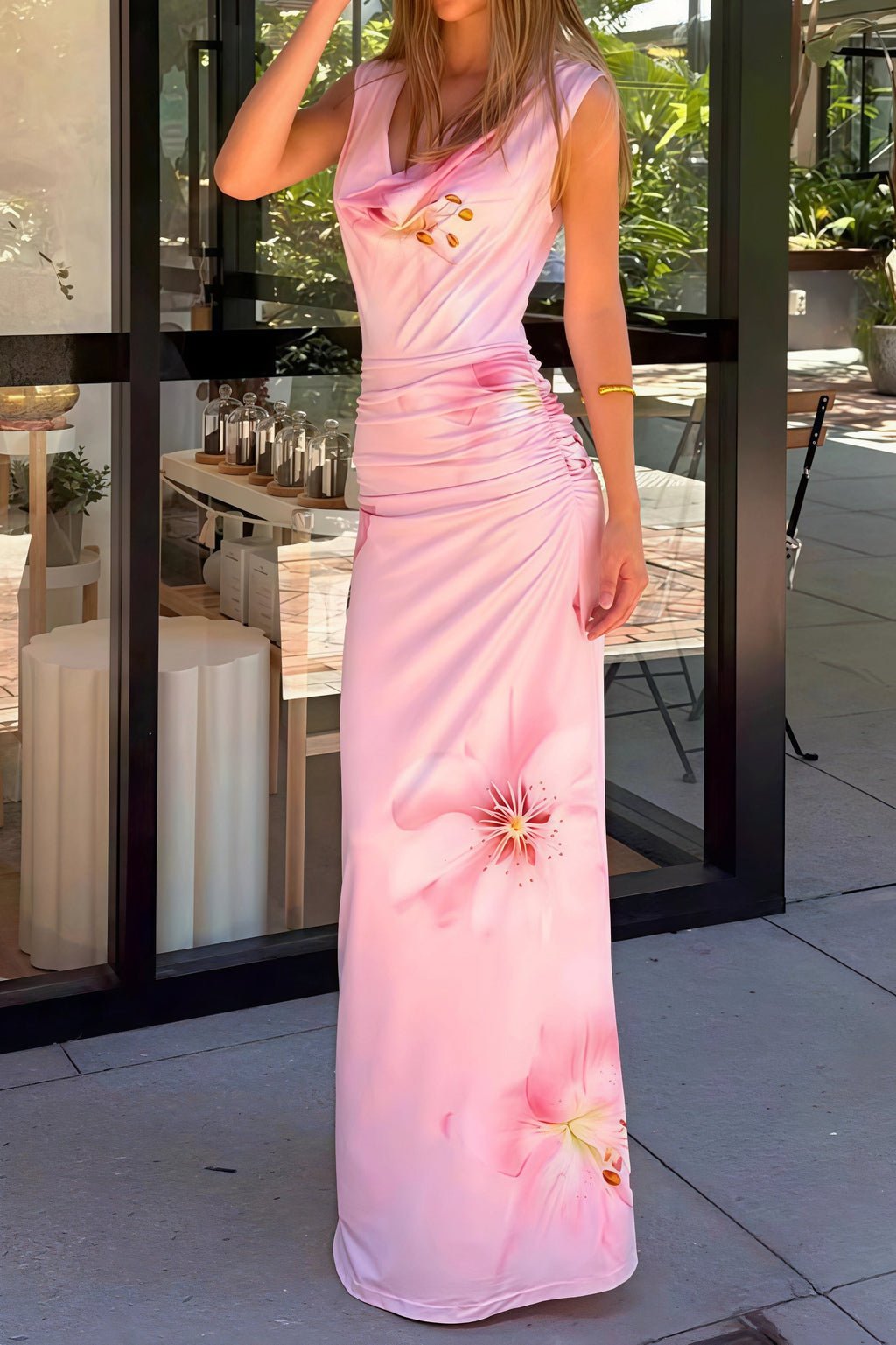 Floral Print Draped Neck Slim Maxi Dress