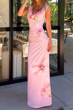 Floral Print Draped Neck Slim Maxi Dress