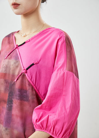 Blusa de lino con patchwork y teñido anudado en rosa chic para verano 