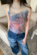 Gradient Color Mock Neck Sleeveless Pleated Casual Blouse