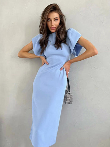 Vestido vintage ajustado con cuello barco, mangas largas y abertura en la espalda, vestidos midi de día 