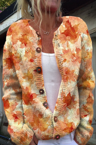 Prenda exterior informal de uso diario con estampado de flores que imitan a un suéter, botones en contraste y cuello redondo (8 colores) 