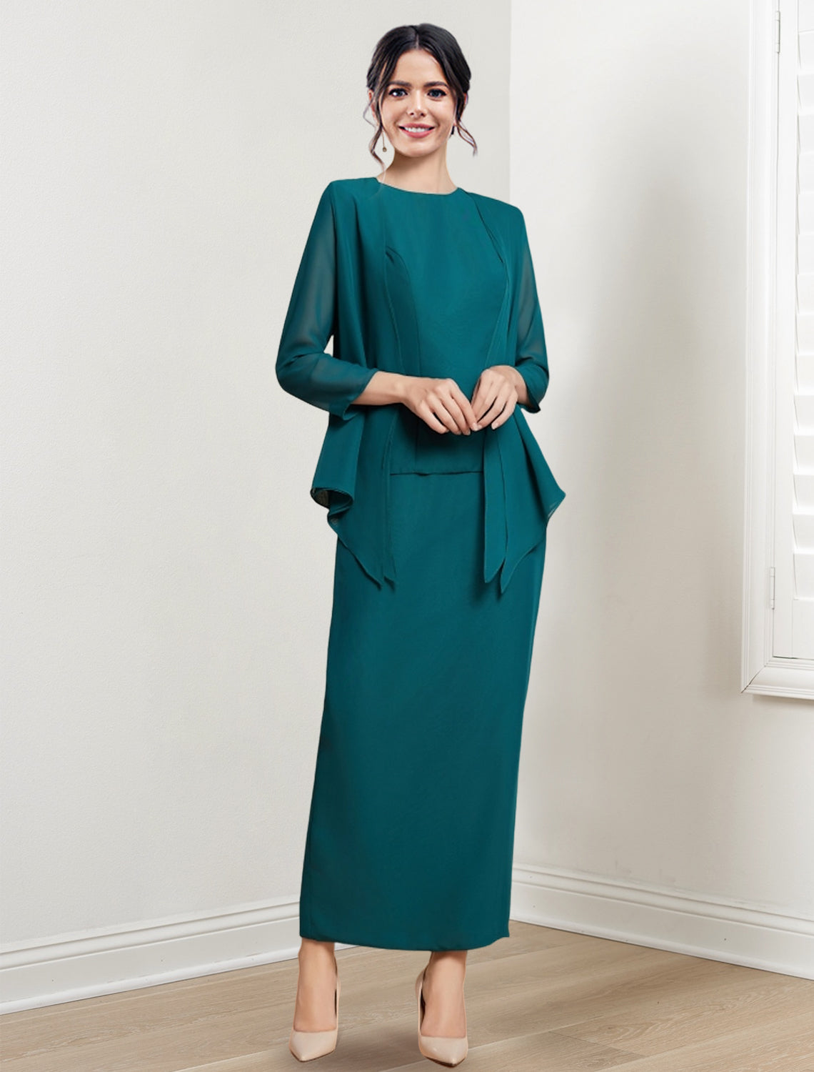 Etui-/Säulenkleid mit Schmuckkragen und Knöchellänge für die Mutter der Braut 