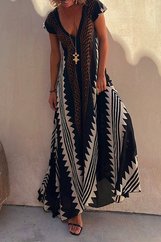 Vestido largo Meridress con cuello en V, manga corta, estampado de bloques de color