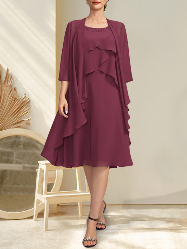 A-Linien-Chiffonkleid mit Rundhalsausschnitt und Perlenstickerei, knielang, für die Mutter der Braut