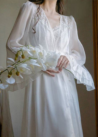 Neuartige weiße V-Ausschnitt bestickte Chiffon-Cardigans mit Blumenmuster und Slip-Kleid, zweiteiliges Set für den Sommer 