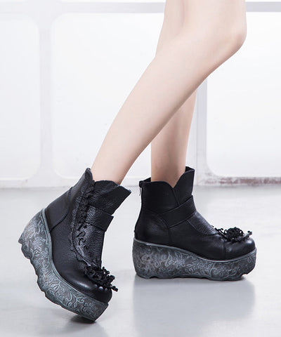 Handgemachte Splicing Wedge Boots Schwarzes Rindsleder Floral 