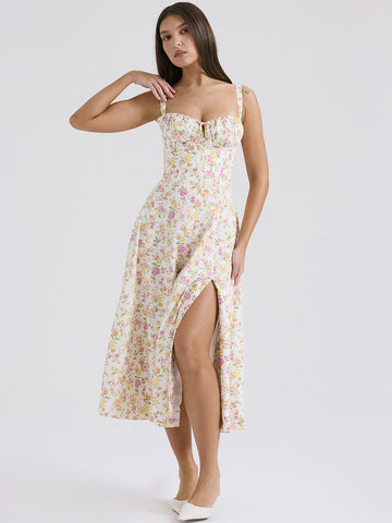Vestido midi de fiesta con corsé, floral, tirantes anchos, espalda descubierta y abertura lateral
