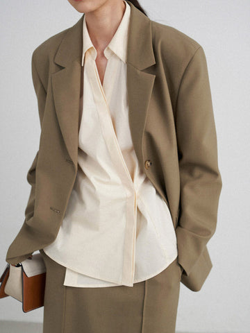 Loose Buttoned Solid Color Long Sleeves Lapel Blouses&Shirts Tops + Skirts Bottom + Notched Collar Blazer Outerwear Three Pieces Set