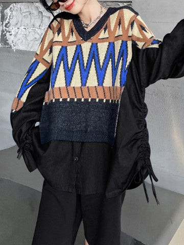 False Two Long Sleeves Drawstring Split-Joint V-Neck Sweater