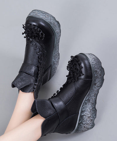 Handgemachte Splicing Wedge Boots Schwarzes Rindsleder Floral 
