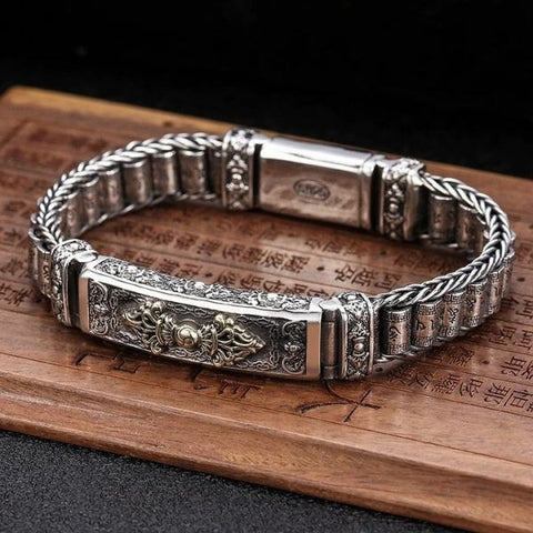 Sterling Silver Buddhist Mantra Vajra Pestle Wheels Bracelet