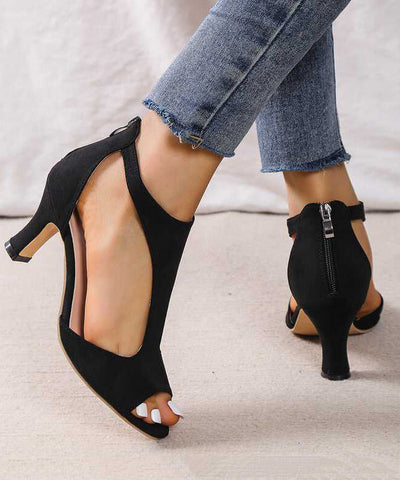 Sandalias rojas de tacón alto de gamuza suave con empalme y punta abierta ahuecada 