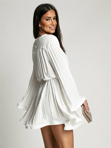 Skater Dresses Jewel Neck Long Sleeves Lace Up Chic Flared Dress Mini Dresses