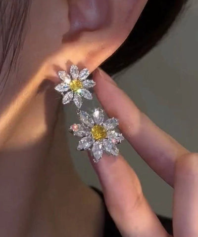 Pendientes colgantes florales de circonita y cristal de aleación blanca para mujer 