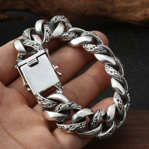 Pulsera de cadena de eslabones tallada en plata de ley 