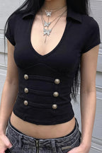 Double Button V Neck Fitted Blouse