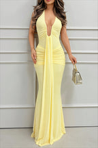 Halter Deep V Backless Ruched Hot Girl Maxi Dress