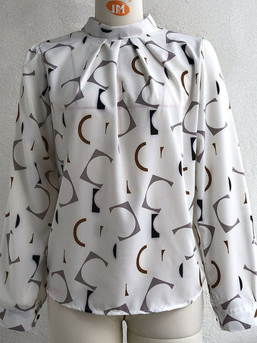 Casual Loose Long Sleeves Contrast Color Printed Stand Collar Blouses&Shirts Tops