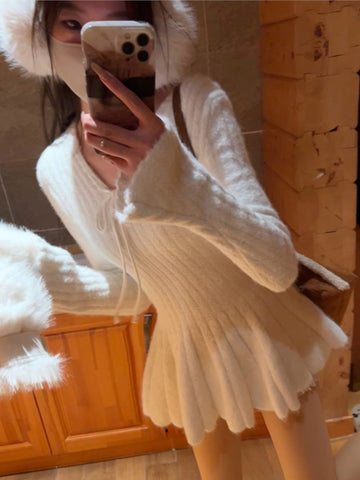 Vestido mini tipo suéter Y2K para mujer, con mangas acampanadas, cuello en V, cordones y cintura alta, liso, corte A, para fiesta de cumpleaños, Otoño e Invierno 