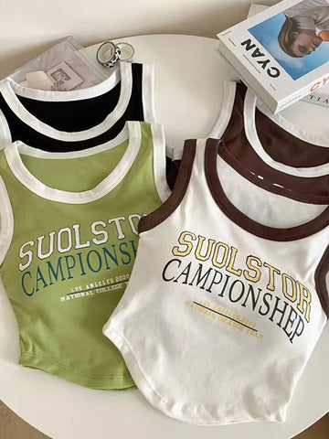 Camiseta sin mangas con estampado de letras para mujer, estilo coreano, con bloques de color y sujetador incorporado, estilo deportivo informal sin mangas, envío directo 