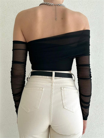 Tossy Sommer-Oberteil mit schulterfreiem, langärmeligem, transparentem Netzstoff, doppellagiges Wickeloberteil, gerüschte Spitze, kurze Oberteile für Damen, Neu 2023 