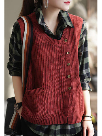 Plus Size Women Spring Knitted Button Sleeveless Vest Waistcoat Sweater