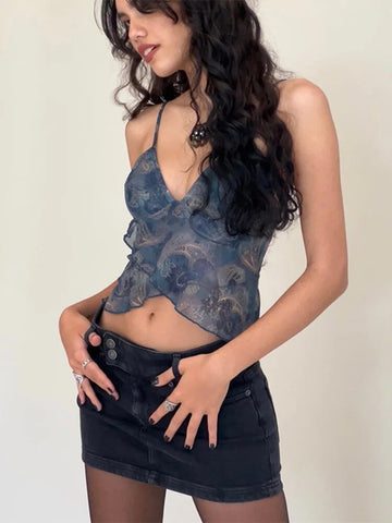 Mesh See Through Printed Vest Women Sexy Casual V-neck Sleeveless Suspender Camisole Patchwork Tank Top Streetwear
