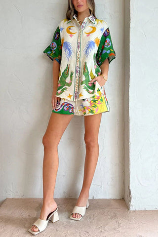 Conjunto de blusa con estampado único de mezcla de lino Days of Heaven y pantalones cortos con bolsillos y cintura elástica 